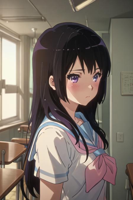 best quality, masterpiece, highres, solo, {kousaka_reina_soundeuphonium:1.15}, black_hair, long_hair, purple_eyes, blush, bangs, closed_mouth, serafuku, blurry