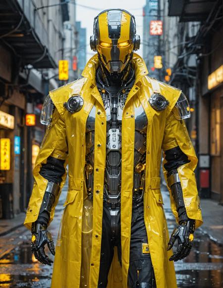 A cyberpunk robot wearing a transparent yellow mackintosh, glowing elements, masterpiece, best quality,
