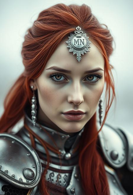 portrait of a female in silver medieval armor, fine realistic crimson red hair, attractive, looking at viewer, photo-realistic detailed soft skin, realistic lips, 4k, full length frame, High detail RAW color art, diffused soft lighting, shallow depth of field, hyperrealism