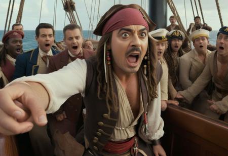 2 men taking a selfie , Johnny Depp dressed as Captain Jack Sparrow & 
Rowan Atkinson dressed as Mr Bean on the board of a sinking ship, in the background you can see the sailors yelling and screaming , realistic, complementary colors . octane render, highly detailed, volumetric, dramatic lighting