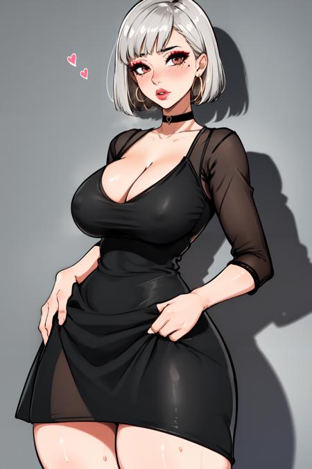 1girl, breasts, dress, black dress, solo, black hair, jewelry, earrings, choker, short hair, cleavage, thighs, v, blush, large breasts, looking at viewer, black choker, thick thighs, heart, hoop earrings,mole, shadow, makeup, bob cut, grey background, short dress, bangs, lips<lora:alumalim_style:0.7>