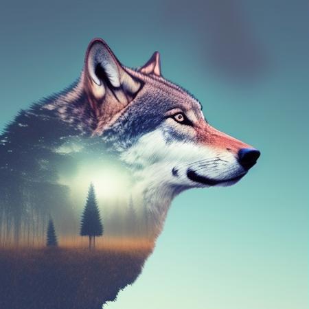 dublex style wolf closeup, moon