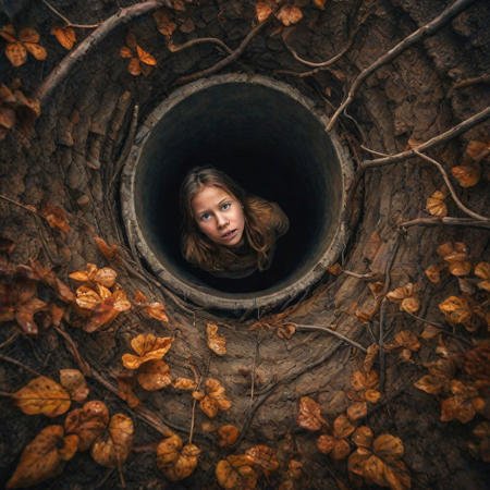 Create an image of a girl trapped in an abandoned vertical tube well, an aerial view, dry land, dry trees, light rain, a landscape, dark clouds, her fear, confusion, sunset, dim overhead light, hyperrealistic nature.