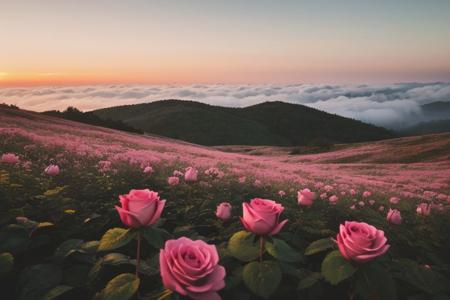 raw photo, a sunset landscape, Hyrcanian Forests, Iran, Caspian sea, cozy, photorealistic, high detailed texture, 8k uhd, dslr, soft lighting, high quality, film grain, Fujifilm XT3, Sony A7 IV, highly detailed photography, (muted colors, cinematic, dim colors, soothing tones:1.2), vibrant, insanely detailed, hyperdetailed, (dark shot:1.2), (vsco:0.3), (intricate details:0.9), (hdr, hyperdetailed:1.2) (highest coherency: 1.39) (highest quality: 1.39) (rule of Thirds) (award winning) (breathtaking) (masterclass) (vibrant color: 0.79) (foggy: 1.09) (distant hillside) (spring flowers) (sharp focus forground) (damask rose)