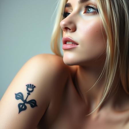 Minimalist tatoos on a beautiful blonde woman. realistic skin with pores and minor imperfections, studio background, hyperrealistic,  professional photography,  bokeh