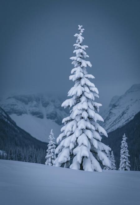 Powdery Snowfall, Blankets of Snow, Tall White Pine Tree, Jagged Huge Surrounding Mountains, Arctic Chilling Breeze, Nighttime, Darkness, Desolate, Howling Arctic Winter Winds