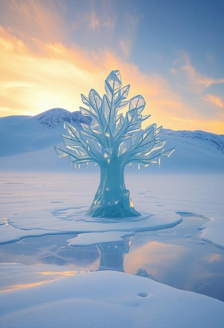 icy landscape. A gigantic ice sculpture shaped like a tree stands at the center, its transparent branches reaching skyward. Soft washes of sunlight spill through the ice, creating gentle reflections in the snow-covered ground. brings a dreamy, fluid quality to the scene, with soft blues and golden yellows blending harmoniously.