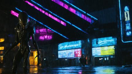 (H.R Giger Xenomorph, humanoid, tail, looking at viewer:1.4), cyberpunk style, cyberpunk reimagined, cybernetic enhancement, night, heavy rain, wet, neon lights, (full body portrait:1.3), (down street view:1.2), dystopian, colourful, masterpiece, cinematic, 8k, HDR, photorealistic, best quality, high quality, masterpiece, ray traced