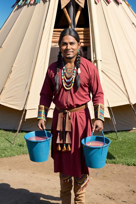 high quality, best quality, 1girl, solo, full body,
a male native American in the ethnic clothes is holding buckets in front of a tipi,
bucket panishment <lora:bucketPunishment:0.6>