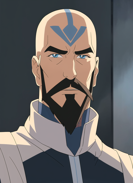 the legend of korra, masterpiece, best quality, 1boy, male focus, solo, facial hair, bald, mustache, blue eyes, tattoo, beard, looking at viewer, manly  <lora:the_legend_of_korra_offset:1>