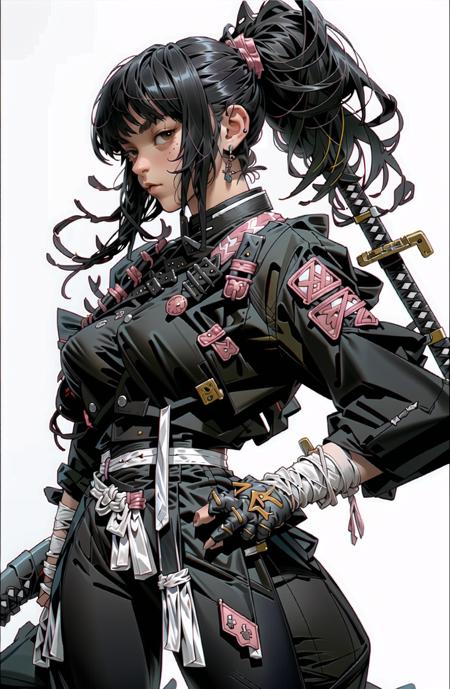 sword, weapon, 1girl, katana, gradient, gradient_background, sheath, sheathed, earrings, jewelry, scabbard, solo, ponytail, ear_piercing, black_hair, piercing, bandages, hand_on_hilt <lora:OC illustration:1>