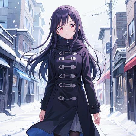 (masterpiece, best quality:1.2), 1girl, solo, scenery, illustration, anime style, looking at viewer, depth of filed, cowboy shot,
dark theme, detailed image, red eyes, winter, coat, snow, dynamic angle, snowing, snow splashing,