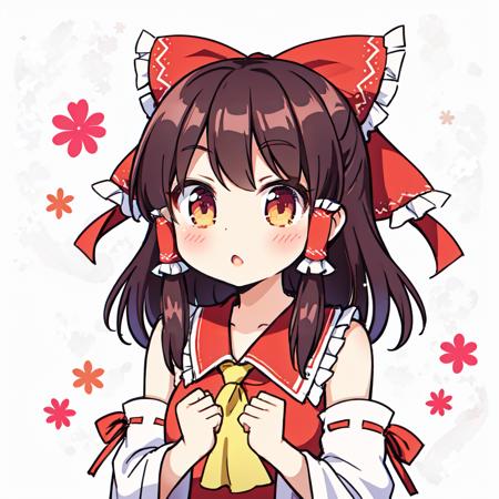 hakurei reimu, 
<lora:ganbaruzoi-v4:1>ganbaruzoi, clenched hands, open mouth, upper body, looking at viewer, :o , floral background,