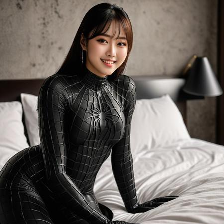 score_9, score_8_up, score_7_up, best quality, realistic, masterpiece, beautiful detail, hyperrealistic, woman ((1girl, woman body, big breasts)), amazing detailed full body portrait of a beautiful ulzzang girl, wearing a realistic and highly detailed black raimi spider-man suit, ((huge muscular girl)), professional model wears ultra - detailed black raimi spider - man suit, ultra - detailed and grained black raimi spiderman suit, suit covered entire body and hand, black spiderman gloves, wet, (smile, lying on a bed), (full body), (dirty skin), close up, octane render, highly detailed, volumetric, dramatic lighting, (highest quality:1.1), (HDR:1.3), (top quality, best quality), realistic, high definition,