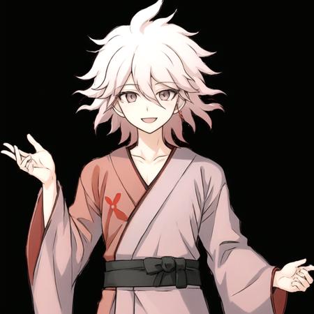 danganronpaNagitoKomaeda, solo, 1boy, 20 years old, looking at viewer, ((red japanese clothes)),  kimono, happy, smile, closed mouth, bangs, simple background, hair between eyes, collarbone, upper body, grey hair, male focus, teeth, medium hair, (grey eyes), black background, messy hair <lora:danganronpaNagitoKomaeda:0.5>