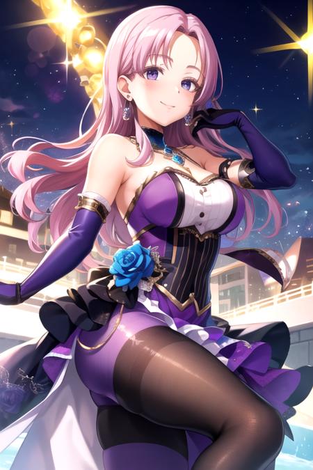 <lora:HiiroYano-05:0.7> , hiiroyano, looking at viewer, smile, gloves, dress, jewelry, flower, pantyhose, earrings, solo focus, sparkle, rose, bridal gauntlets, purple dress, blue flower