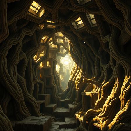 A liminal space within the Great Deku Tree from The Legend of Zelda: Ocarina of Time—a hollow, ancient being frozen in time. The vast wooden chamber stretches endlessly upward, its twisted roots forming an intricate web of passageways and platforms. The air is heavy with the scent of damp moss and aged bark, as if the tree itself is breathing in slow, silent intervals.
Faint golden light filters through cracks in the wood, casting long, wavering shadows. Floating dust particles dance in the still air, their movement unsettlingly slow. The corridors formed by the tree’s interior twist and spiral unnaturally, leading into deeper, darker hollows.
A soft, eerie hum resonates through the empty space, neither natural nor mechanical. The atmosphere is neither welcoming nor hostile—just endlessly quiet, as if something was once here but has long since faded away. Though the tree is hollow, the feeling of being watched lingers, its presence unseen yet undeniable. The Arbre Mojo is alive, but no longer awake—a forgotten sanctuary, lost between worlds.