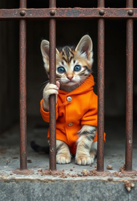 A whimsical scene unfolds: a tiny kitten, clad in a vibrant orange jumpsuit, sits confidently behind rusty metal bars. The jumpsuit's bright hue pops against the dull prison backdrop, while the kitten's curious gaze and perky ears convey a sense of mischief. The bars' industrial texture contrasts with the softness of the kitten's fur, adding to the visual intrigue.