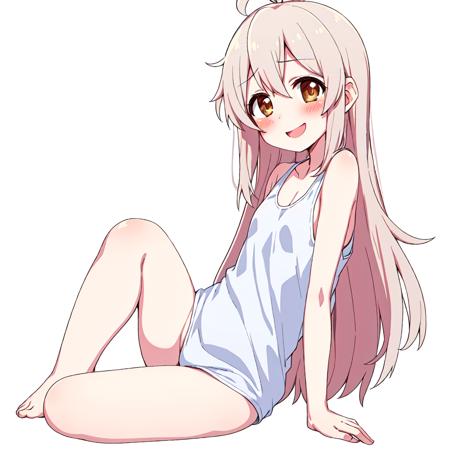 oyamamahiro,1girl, swimsuit, solo, long hair,white tank top, white background, brown eyes, ahoge, simple background, hair between eyes, bangs, blush, smile, bare shoulders,full body,