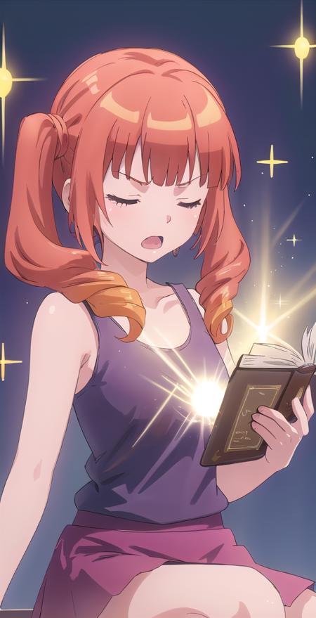 Wise, 1girl, solo, eyes closed, eyes closed shut, chanting, tank top, skirt, holding book, casting spell, glowing, glowing background, sparkles, perfect quality, good quality, masterpiece, HDR, UHD <lora:Wise:0.75>