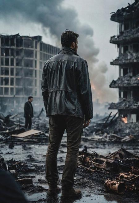 Photo of a man who is standing looking at how his city has been destroyed by a nuclear bomb. He has just arrived at the disaster and observes the horror of the destruction, ruined buildings full of smoke and flames, ground full of rubble with skeletons lying around In the dawn light floods the scene, the man is completely dressed in normal clothes and wet, he is dirty, everything is a disaster, the sky is cloudy and it is raining, , Fujifilm XT3,film still,film grain,cinematic,soldier accessories,war style, professional photo,best quality and best aesthetic,Award-winning artistic photos,Outdoors,public places,( detailed in background:1.6)Curi
