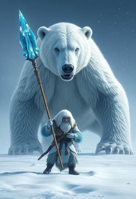 "Image of a snow spirit, a great hunter, standing tall and readying their massive spear to defend against a giant ravenous snow bear. The tip of the spear is made of magic blue ice, glowing with an otherworldly energy. The snow bear looms over the hunter, its eyes fixed on its prey, its massive paws raised and ready to strike. The hunter's face is set in a determined expression, their eyes locked on the bear as they prepare to face the attack. The snow-covered landscape stretches out behind them, with snowflakes gently falling around the scene. Style: dramatic, intense, and mystical, with a focus on capturing the hunter's bravery and the bear's ferocity." Absurdres Highest-Quality, 4k
