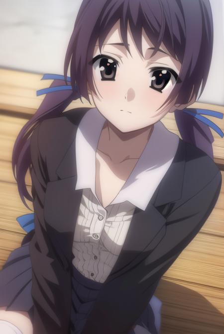 roka kitsuregawa, long hair, (black eyes:1.5), twintails, purple hair, skirt, thighhighs, ribbon, school uniform, black thighhighs, zettai ryouiki,