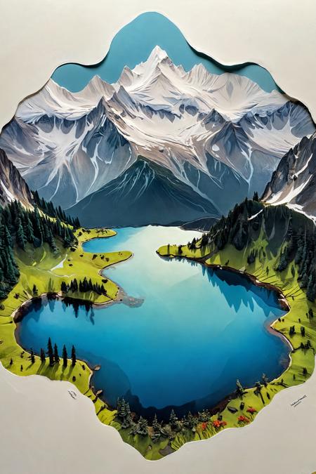 by Charles Ragland Bunnell, alpine lakes thoughtscape, (virtual reality, bird's eye view:1.2), Thick layered papercut art, Deep 3D, volumetric, dimensional, depth, thick paper, high stack, heavy texture, tangible layers, (masterpiece, intricate details:1.2) <lora:XL-Loras\xl_more_art-full_v1:0.5><lora:XL-Loras\add-detail-xl:1.0><lora:XL-Loras\NicolaSamori:0.5><lora:XL-Loras\looking_at_viewer:2><lora:XL-Loras\RMSDXL_Creative:3>
