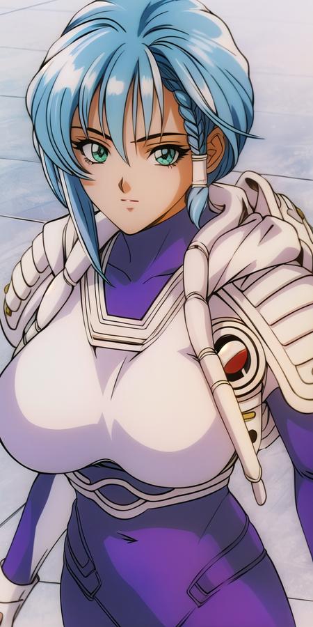 <lora:aoi_karinV2:1> aoi_karin, huge_breasts, standing, solo, Purple_bodysuit_White_Pauldrons_White_breastplate_Asymmetrical_legwear_White_thighhighs_hood_down, masterpiece, best quality, detailed face, detailed eyes, highres,