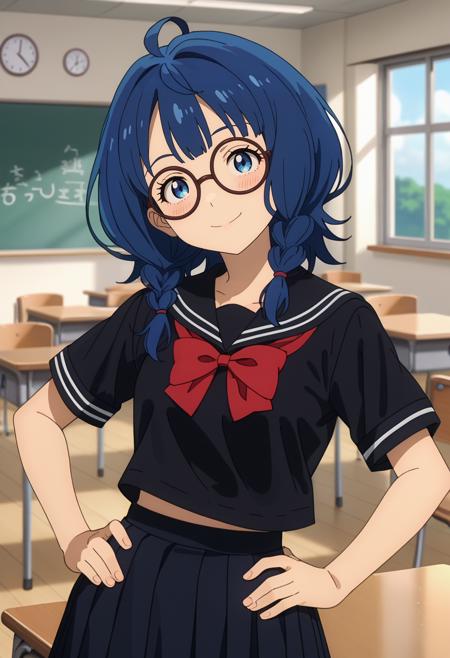 medium hair, blue hair, blue eyes, ahoge ponytail, medium hair, blue hair, blue eyes, ahoge, hair scrunchie, yellow scrunchie low twin braids, medium hair, blue hair, blue eyes, ahoge, round eyewear AnnaSchool, collared shirt, white shirt, blue bowtie, yellow bowtie, short sleeves, pleated skirt, grey skirt AnnaBikini, print bikini, blue bikini, halterneck, side-tie bikini bottom AnnaDress, sleeveless dress, white dress, waist ribbon