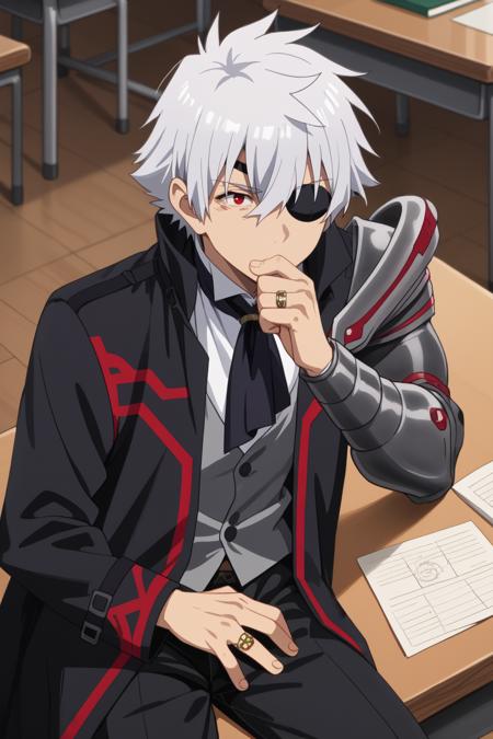  nagumo, white_hair, short_hair, eyepatch, red_eyes, armor, coat, shirt, ascot, ring