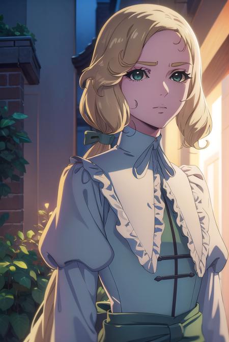 castlevaniamaria, long hair, blonde hair, (green eyes:1.5), hair bow, bow, green bow, low ponytail, long sleeves, dress, puffy sleeves, pink dress, sash, green sash, collar, white collar,