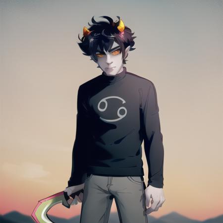 <lora:karkat-26:0.85>, karkat, holding (sickle:1.1), solo, 1boy, masterpiece, best quality,