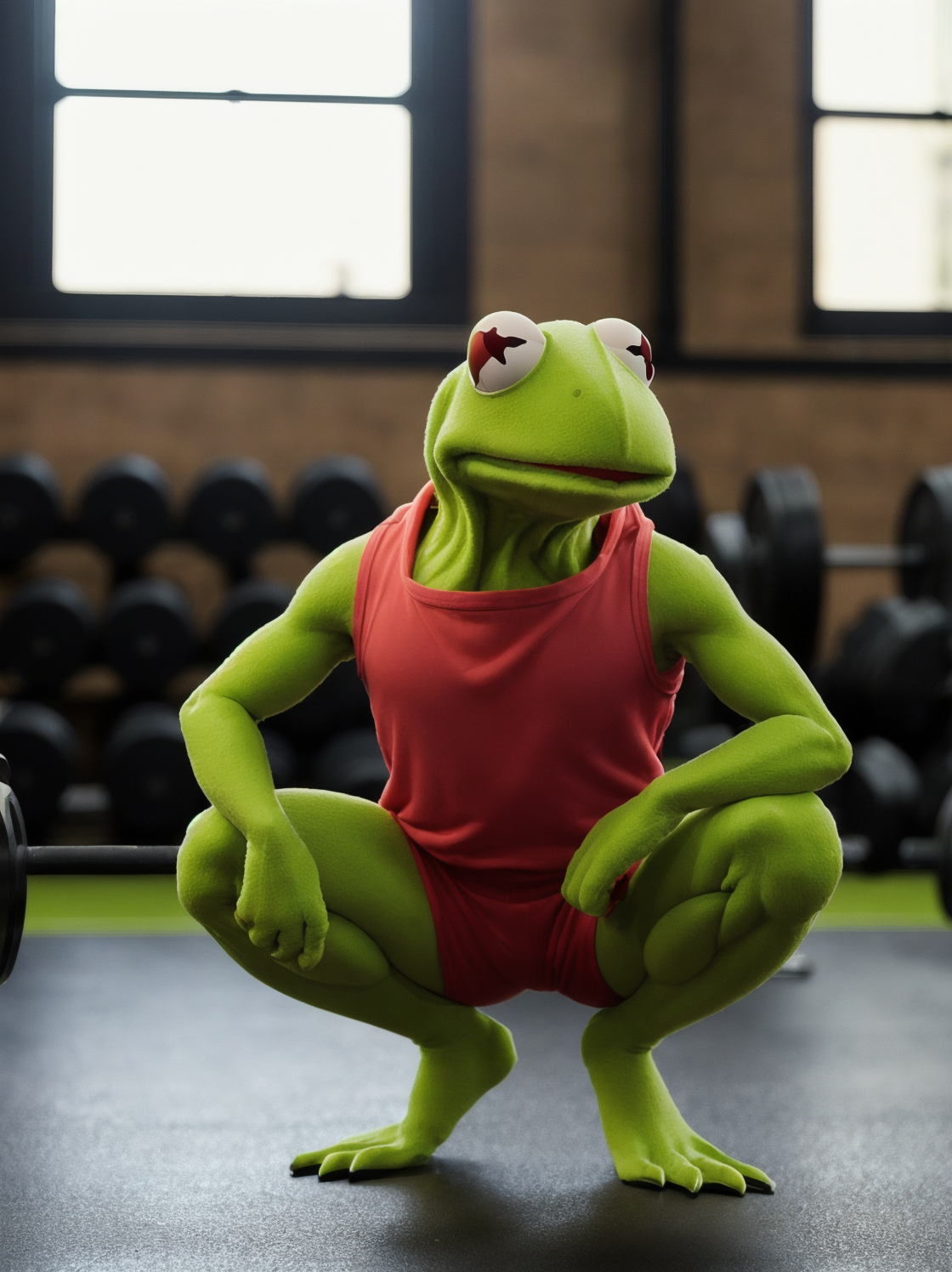 Kermit the Frog doing deadlifts at a luxury gym, portra 400, gym shot (vibrant, vignette, dark, sharp focus, 8k).