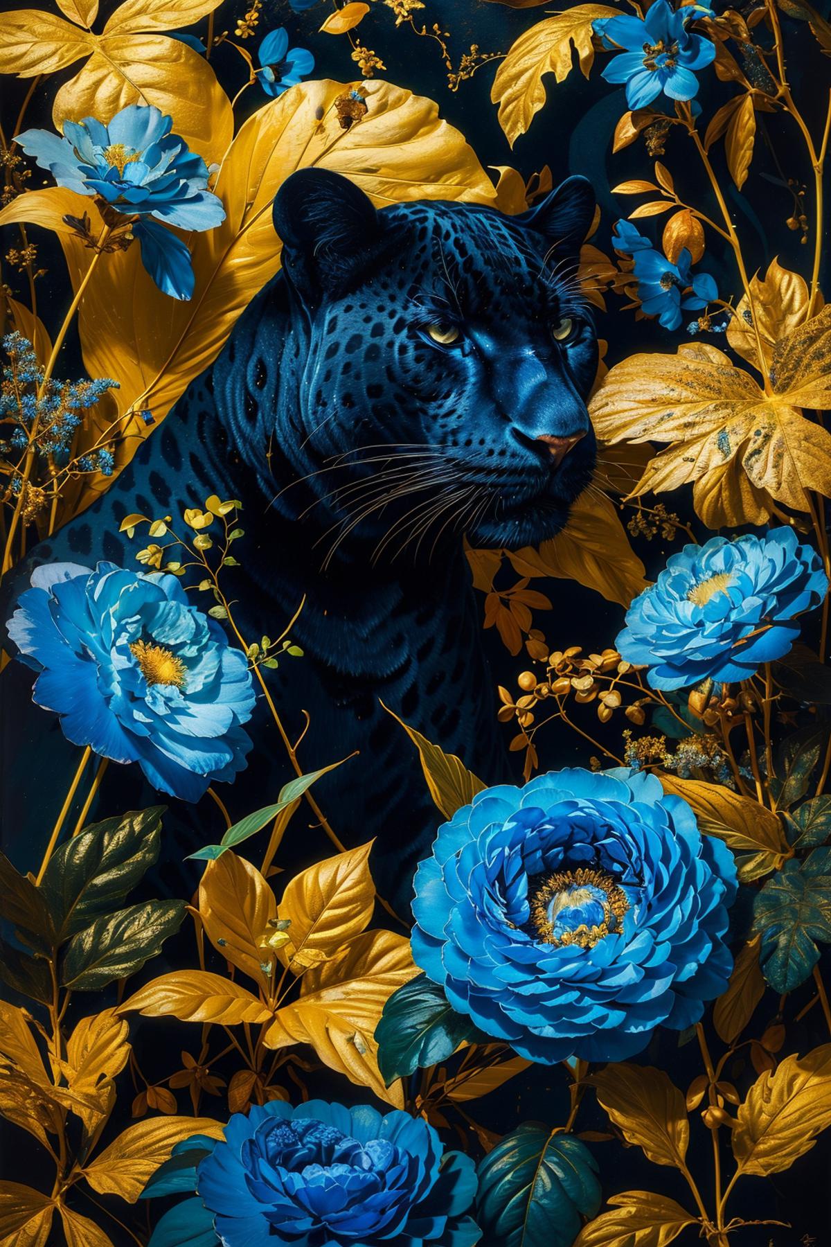 A large black tiger with yellow eyes is surrounded by vibrant blue and yellow flowers in a colorful and lush environment.