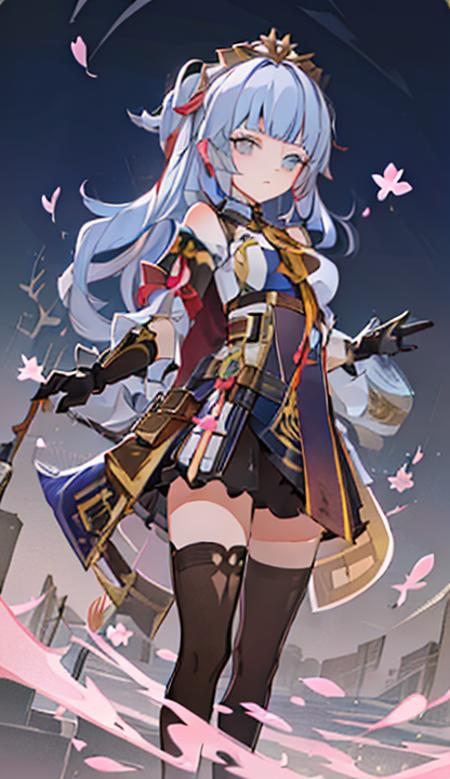 Genius_Invokation_TCG_Character_Cards, cherry_blossoms, petals, 1girl, falling_petals, rose_petals, long_hair, solo, petals_on_liquid, blue_eyes, blue_hair, blunt_bangs, standing, bangs,
 <lora:Genius_Invokation_TCG_Card_Style-000014:0.8>