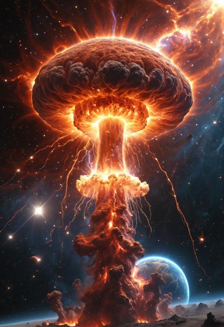 An enormous cosmic explosion viewed from space, resembling a galactic mushroom cloud with cascading plasma tendrils, fiery nebula colors mixed with glowing gas, bursting from a planetary surface, surreal astrophysics, ultra high detail, cinematic sci-fi apocalypse