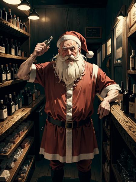 drunk, creepy santa, muddy, crowded bottles bar, intricate details, hdr, intricate details, hyperdetailed, cinematic, dark shot, muted colors, film grainy, soothing tones, muted colors, technicolor, 8k, 4k, (highres:1.1), best quality;