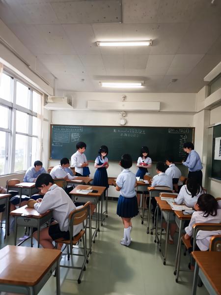 masterpiece, best quality, ultra-detailed, illustration,
1girl, school uniform, black hair, skirt , short hair, white shirt, 
kyoushitsu, classroom, chalkboard, desk, indoors, chair, school, scenery, school desk, ceiling light, ceiling, window, tiles, locker, tile floor
 <lora:gakkou-00008:0.8>