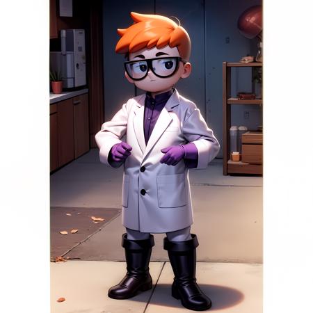 ((masterpiece, best quality)),(complex lighting) , solo ,1boy, full body, dexter ,  <lora:Dexter1-10:0.8>, red hair, glasses, standing, purple gloves, black eyes, balck boots, closed lab coat,