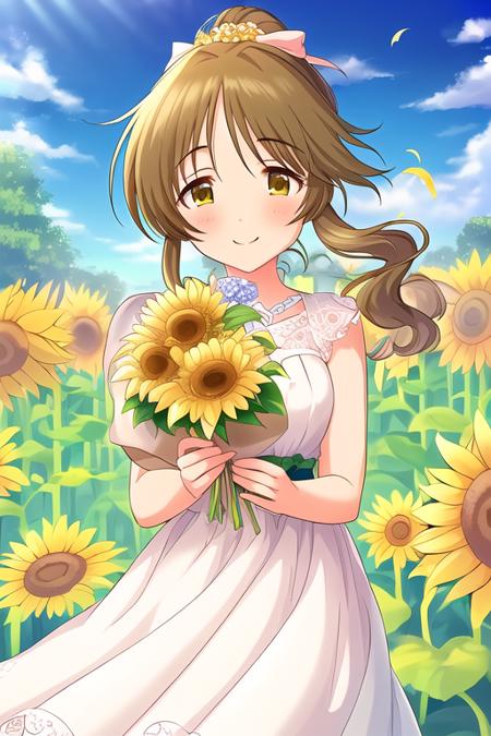 Takamori Aiko, 1girl,  blue sky, blush, bouquet, brown hair, dress, flower, holding, holding bouquet, long hair, outdoors, ponytail, sky, smile, solo, sunflower, white dress
<lora:deresute-v1.2:1>