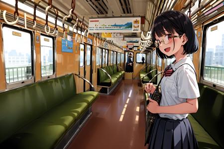 masterpiece, best quality, ultra-detailed, illustration,
Hankyu3000, train interior,
1girl,teenage,glasses, black hair, school uniform, school bag, smile, happy, laughing,