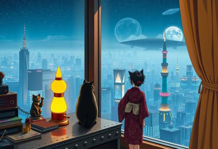 Jiji, the cat from Kiki's Delivery Service sits on a cluttered metal riveted desk next to a maneki neko statue and a lava lamp, Jiji is looking out of a floor to ceiling window that looks out at a very high view from an apartment on the 400th floor of a futuristic Tokyo skyscraper, the year is 2250, The city has thousands of enormous wide and tall futuristic skyscrapers and space ships in the sky, (((Kiki from Kiki's Delivery Service, 24 years old, is standing next to the cat looking out at the enormous city at night, filled with buildings over a mile tall))), Kiki is dressed in an ornate Japanese style bath robe. An enormous starship is visible high above the city, The woman's hair is messy from just waking up and tied up with a ribbon. Artistic cyberpunk, dynamic perspective, The focus is on Jiji and Kiki standing together looking out the window at the view together,