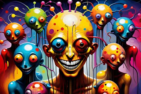 creativity_extractor , colorful smiling faces with a background of colourful spots, in the style of playful yet macabre, luminous spheres, meme art, expressionist: emotional intensity, chemical reactions