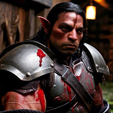 <lora:RPGOrc:0.7> orc:1.2, solo, long hair, black hair, red eyes, 1boy, armor, facial hair, pauldrons, male focus, blurry, blood, blurry background, realistic:1.3