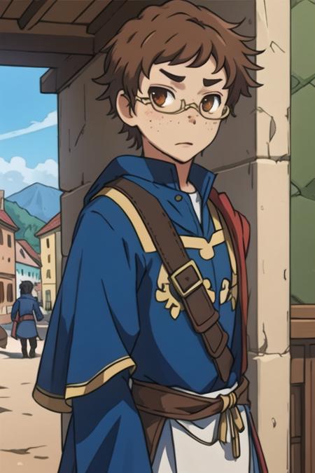 masterpiece, best quality, wallpaper, 1boy, solo, male focus, looking at viewer, , depth of field, <lora:hisamitsu_noto:0.76>, hisamitsu_noto, brown hair, brown eyes, glasses, freckles, native american costume, medieval europe, High resolution