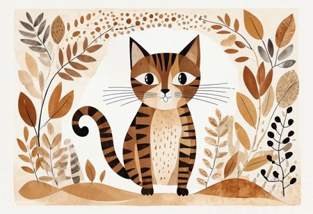 A simple children's book illustration of a cat in the style of Mary Blair, collage of textures and patterns in brown tones on a cream paper background, a simple hand drawn doodle, minimalism, a watercolor drawing