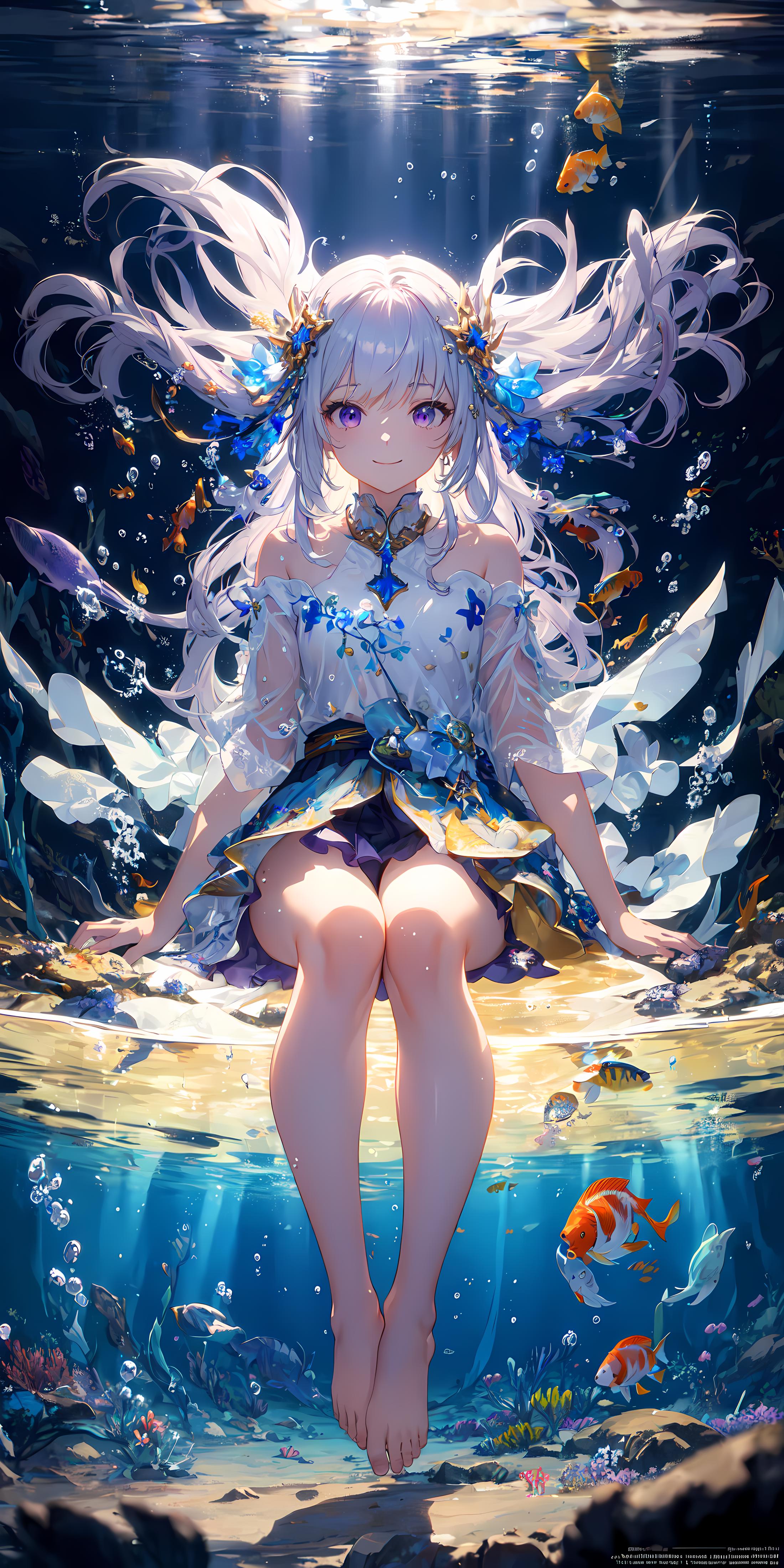Anime character wearing white dress and blue wings sitting in water.