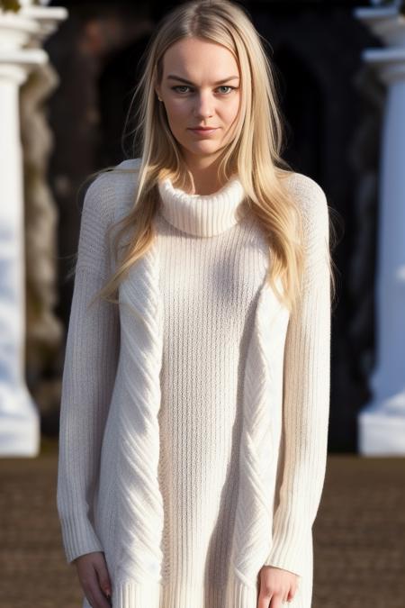 a full body protrait of [[woman ]] whitney-r1 standing in front of scottish (castle) beautiful wearing a (dress sweater)  [smile] summer