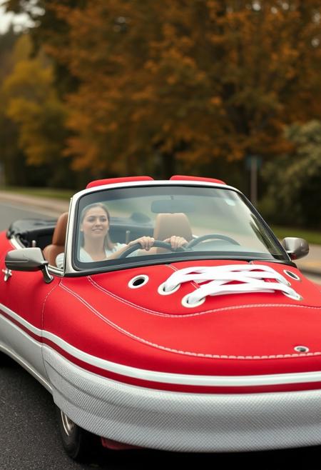 A car that looks like a giant sneaker. convertible car,  (((the body looks like the rubber sole of a sneaker))), eyelets and shoe-laces
A woman driving the car,
Red canvas Vans_Authentic sneaker, detailed sneaker, perfect sneaker, (((visible full car))), (((the entire car is visible)))